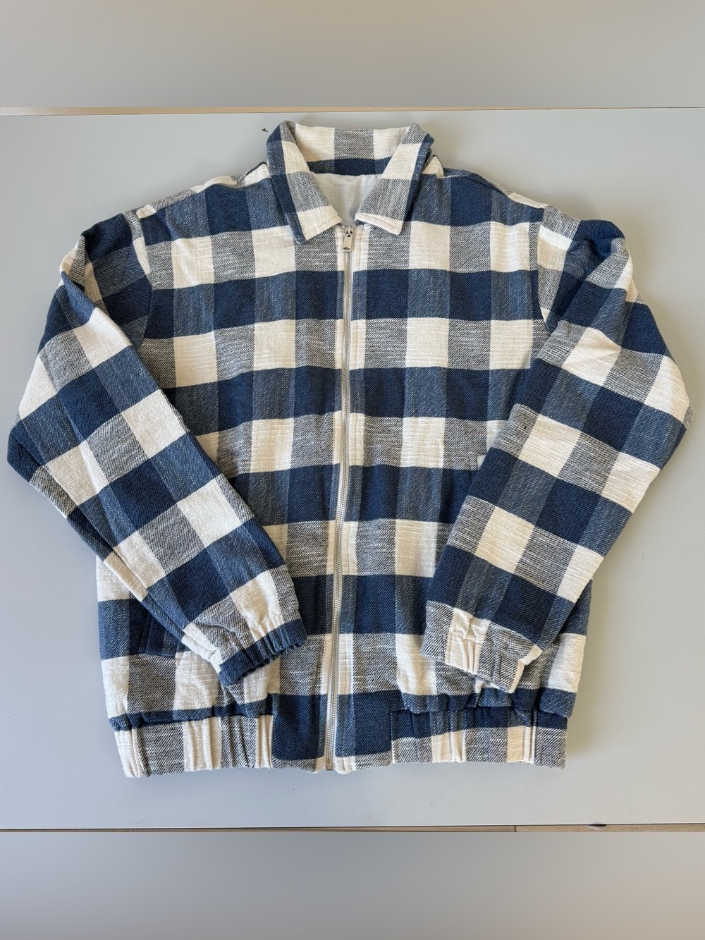 Zara Zip-Up Jacket Men's size Medium Checkered Blue & White Plaid Collared